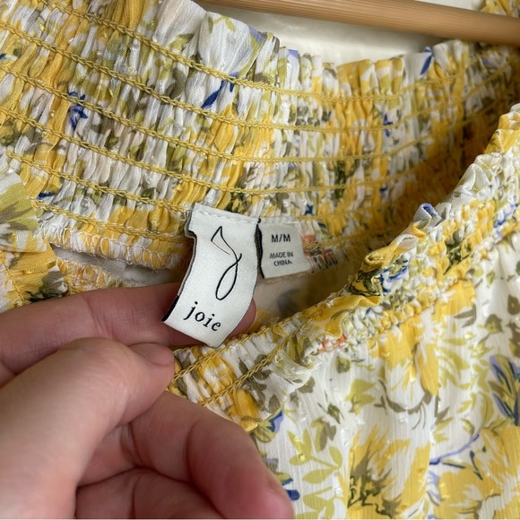 Joie Women's Yellow Floral Smocked Off Shoulder Chiffon Top M Cottagecore Boho - Picture 3 of 9